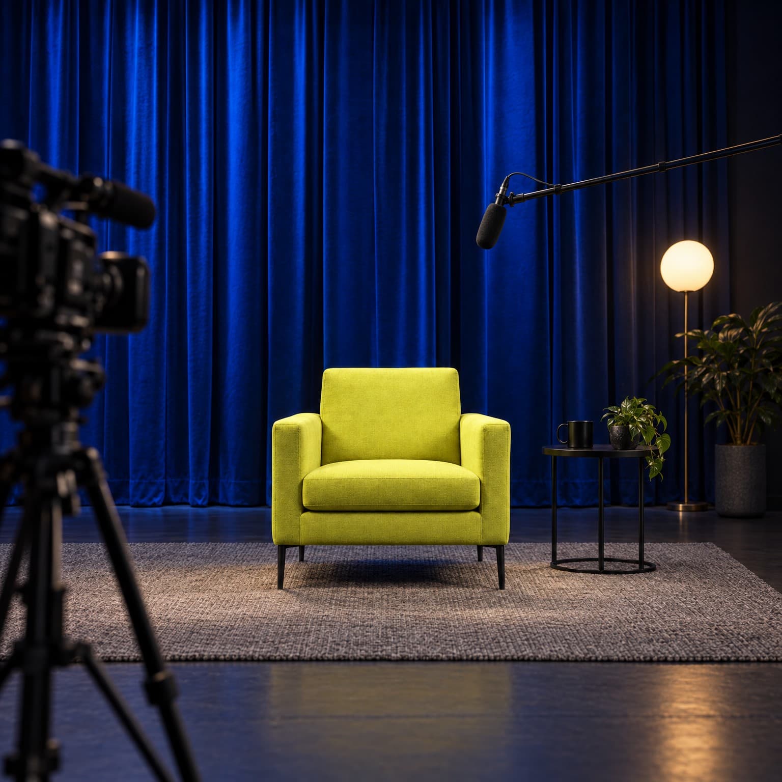 An empty acid-yellow armchair waiting under a boom microphone in a cobalt-lit interview studio.