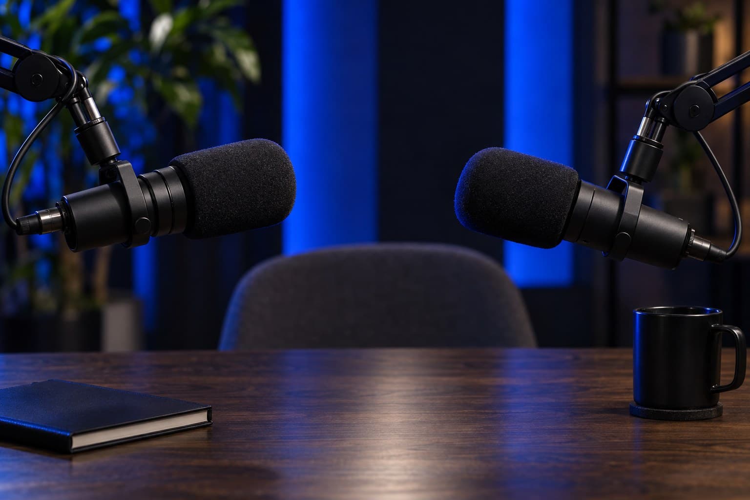 Two broadcast microphones facing each other across a studio table, ready for a conversation.